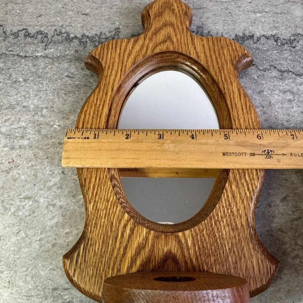 Vtg Oak Wall Mirror Shelf Oval Wood Entryway Bathroom Farmhouse Decor Handmade